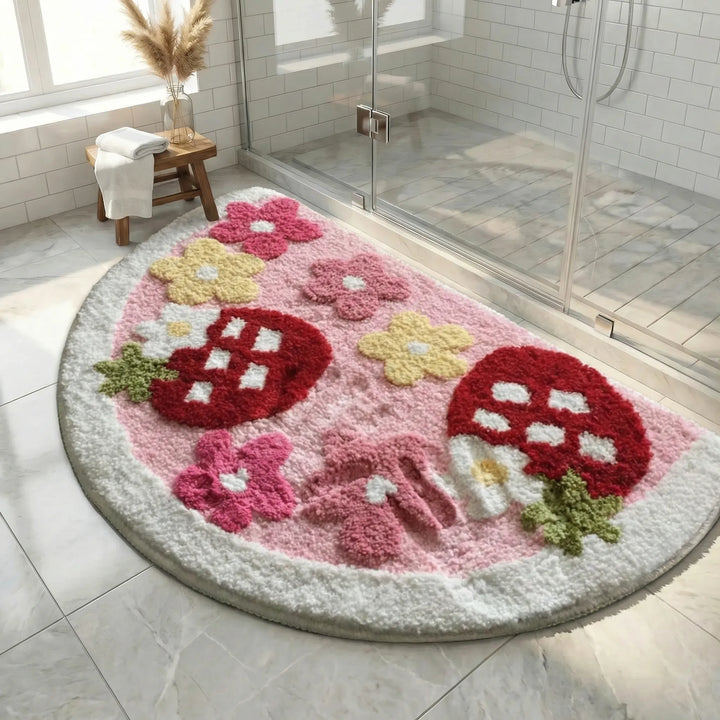 Statement half moon bath mat with Flowique wave design. Non-slip, absorbent & machine washable for modern bathrooms.