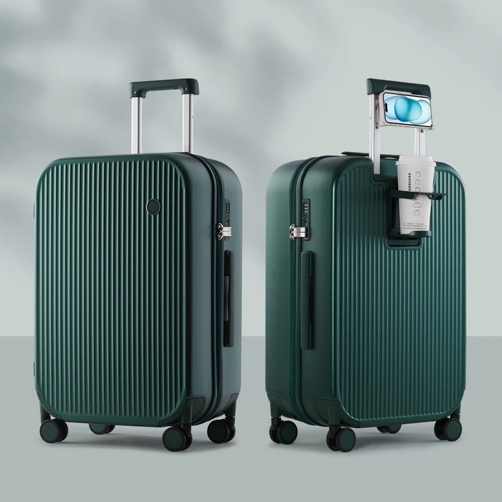 Practical hard-shell spinner suitcase, Lyon. Unisex design with integrated holders for drinks & devices on the go.