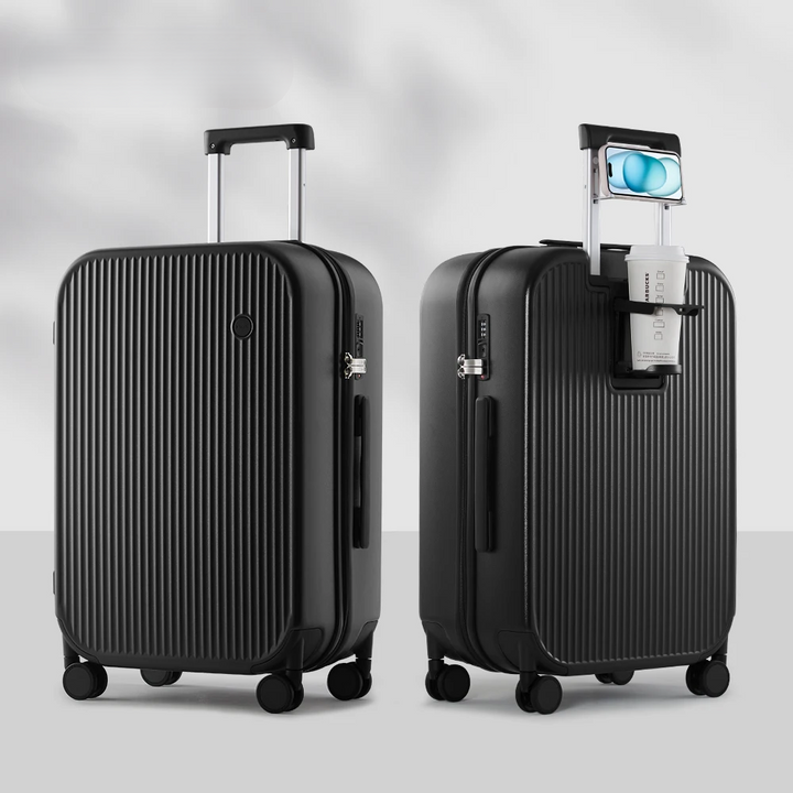 Hard-shell suitcase with integrated cup & phone holders. Lyon unisex spinner luggage, perfect for modern, convenient travel.