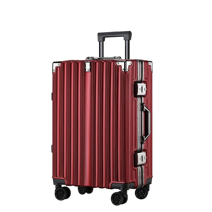 Stylish unisex travel bag: hard shell, aluminum frame, secure lock, and smooth spinner wheels for any trip.