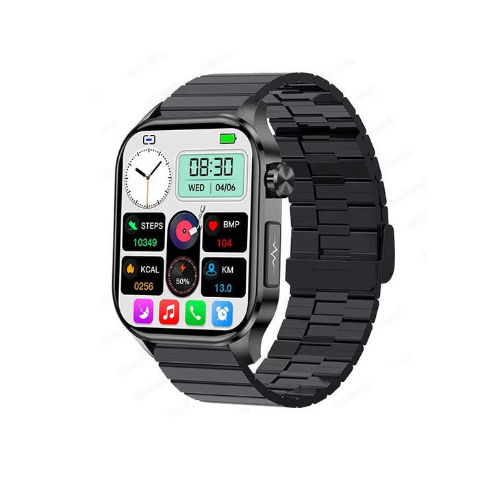 Unisex smartwatch for elderly with precise blood pressure, heart rate, and blood sugar monitor features.