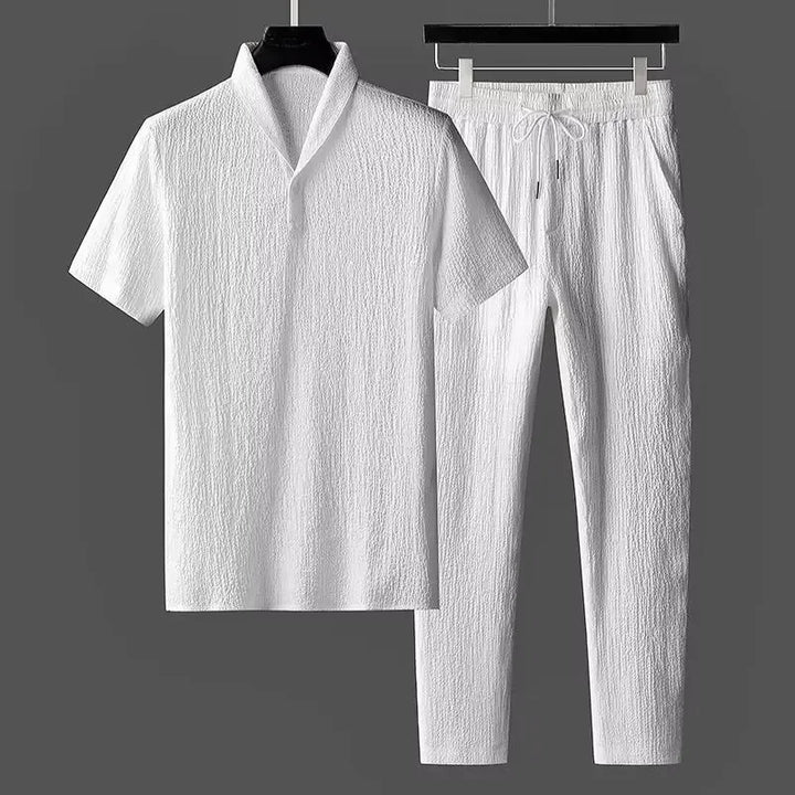 Unisex ice silk blend lounge set, two-piece shirt & pants for comfortable summer wear