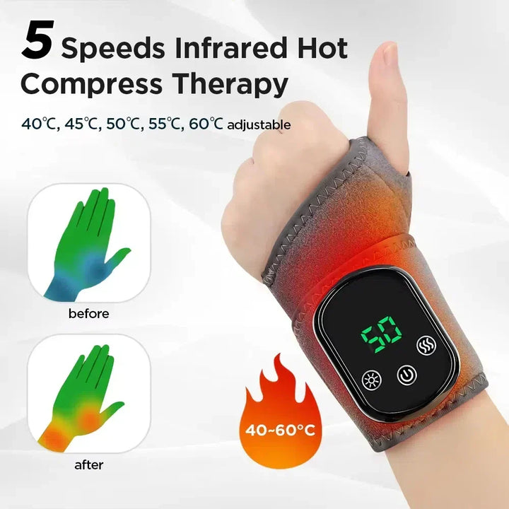 Close-up of infrared hot compress massager strapped to a wrist, providing targeted pain relief and muscle relaxation.