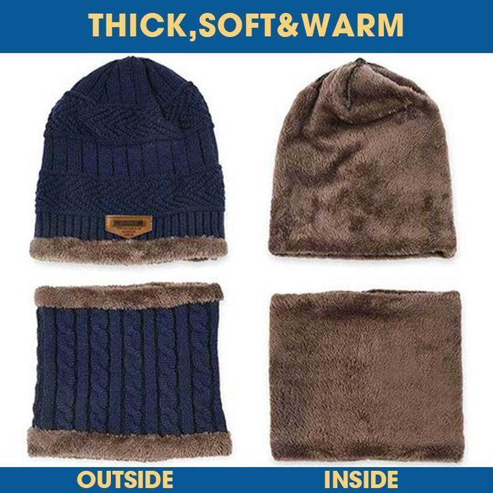 Side profile of the knitted beanie hat, showcasing its classic design and unisex appeal for everyday winter wear.