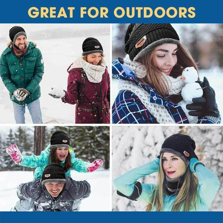 A person adjusting the knitted beanie, showing the snug fit and plush feel of the fleecelined winter hat.