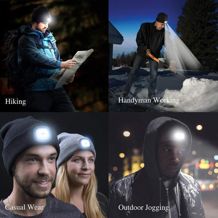Model wearing a black LED knitted winter beanie hat, side view, bright light illuminating the path