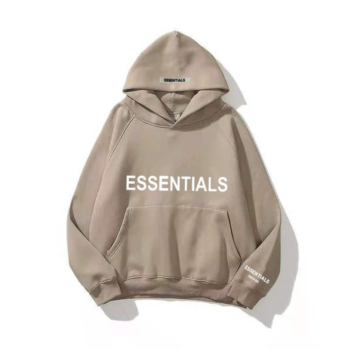 Model wears a comfortable unisex letter print pullover hoodie, great for everyday casual style.