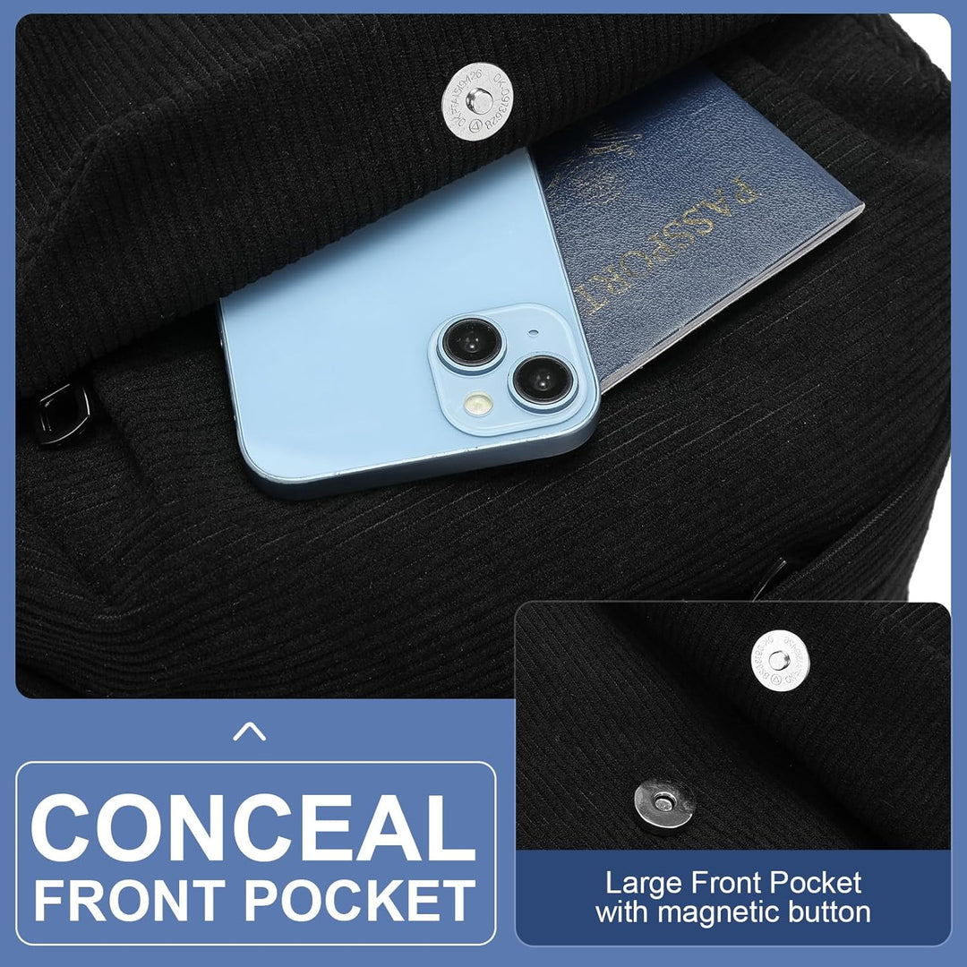 Corduroy laptop backpack, lightweight, water-resistant, unisex, with practical multi-pockets.