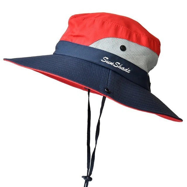 Quick-dry wide brim sun hat with adjustable chin strap, ideal for hiking, fishing & outdoor UV protection.
