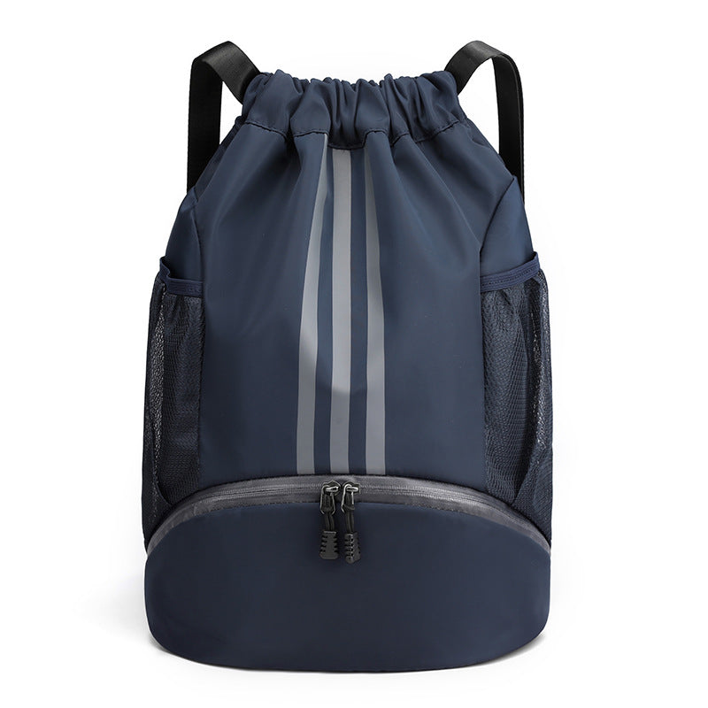 Black nylon drawstring gym bag with ample storage, lightweight and comfortable.