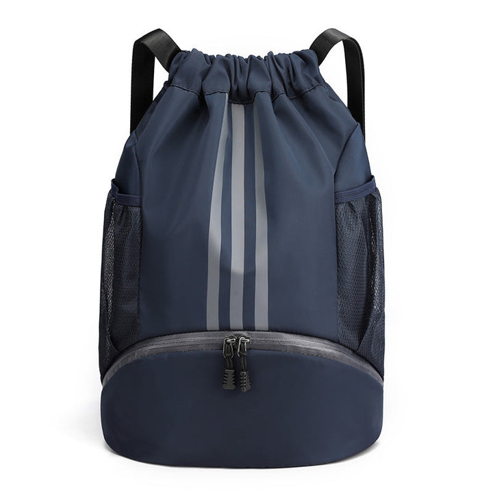 Black nylon drawstring gym bag with ample storage, lightweight and comfortable.