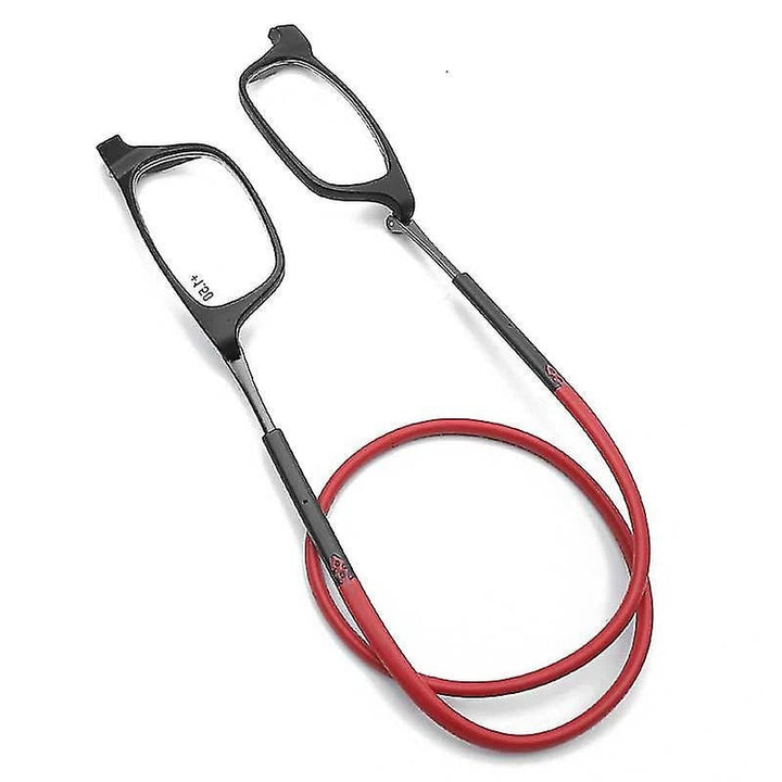Comfortable unisex magnetic reading glasses with neck hanging design. Ideal portable vision aid for hands-free convenience.