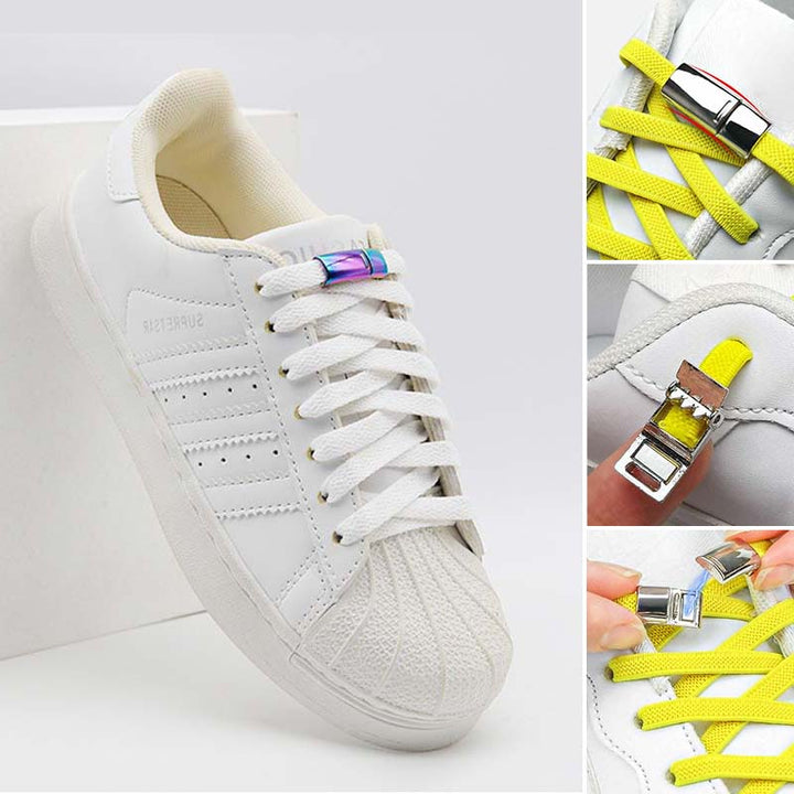 Runner's feet with magnetic shoelace clips, ideal for triathlon and quick gear changes