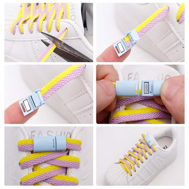 Child tying shoes with magnetic buckles, illustrating ease of use for young ones