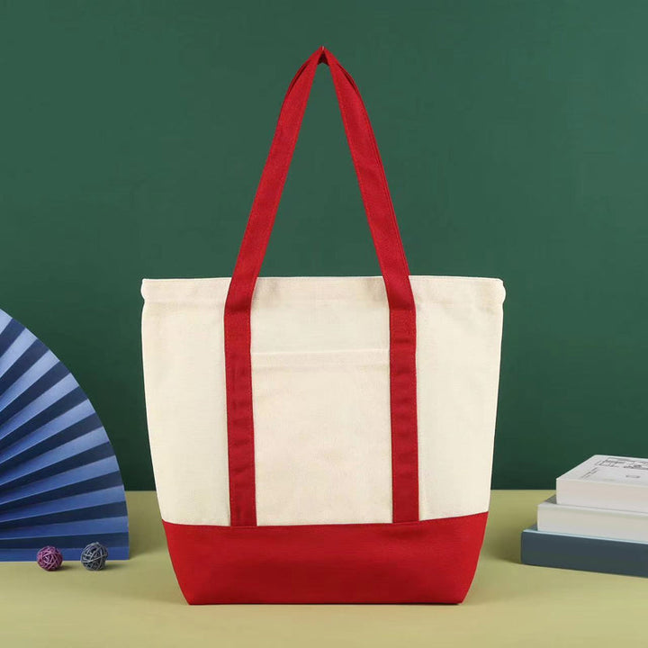 Close-up of the brand tag on the mini canvas bag, adding a touch of authenticity to the product