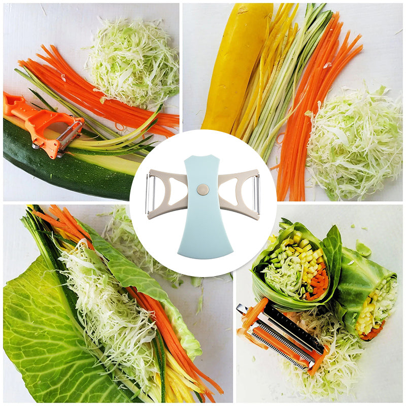 Stainless steel peeler set for the kitchen, featuring sharp blades for efficient food preparation.