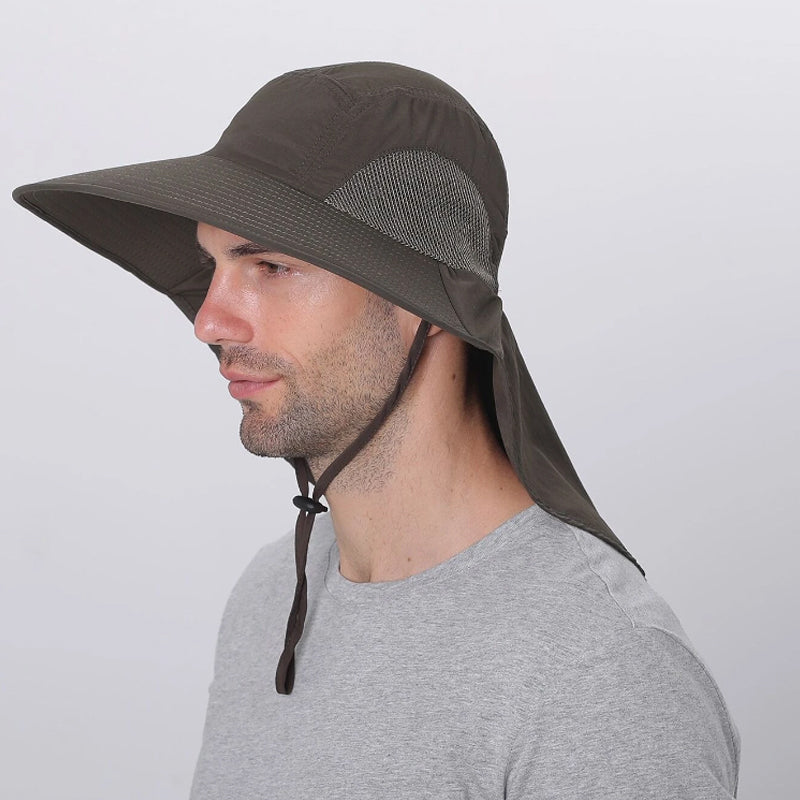 Adjustable fisherman hat with long neck flap, designed for men and women's outdoor adventures
