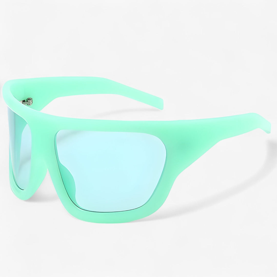 Fashionable streetwear sunglasses: oversized steampunk-sports wraparound design, trendy Y2K style.