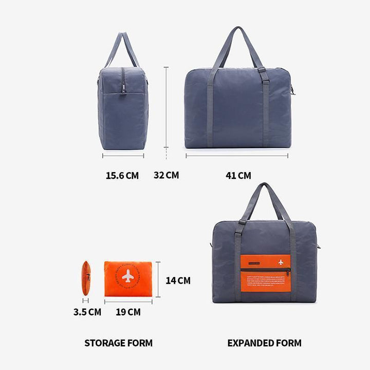 Side view of unisex packable travel duffel bag, showing durable fabric and zipper
