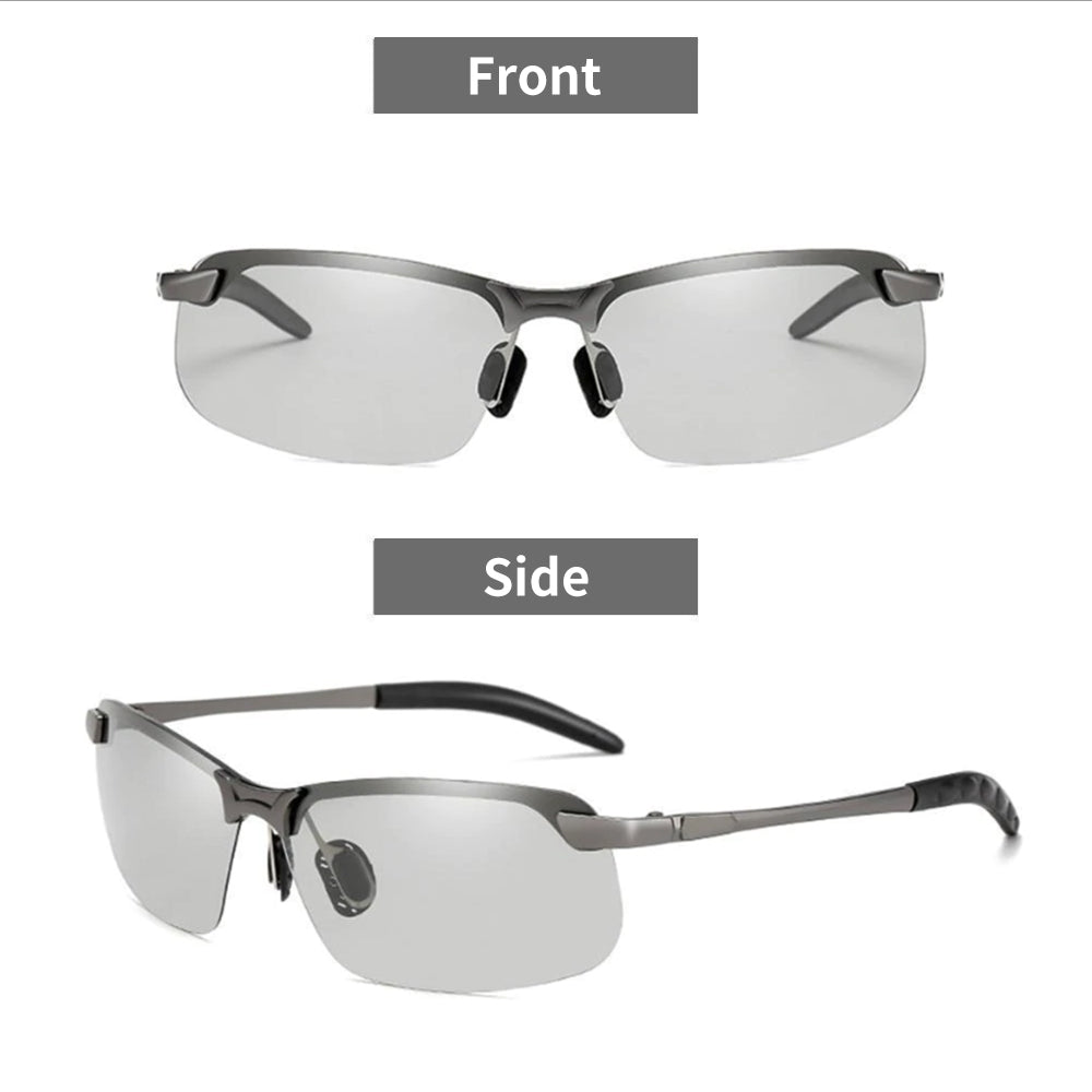 Side view of unisex photochromic polarized anti-glare sunglasses, showing sleek design.