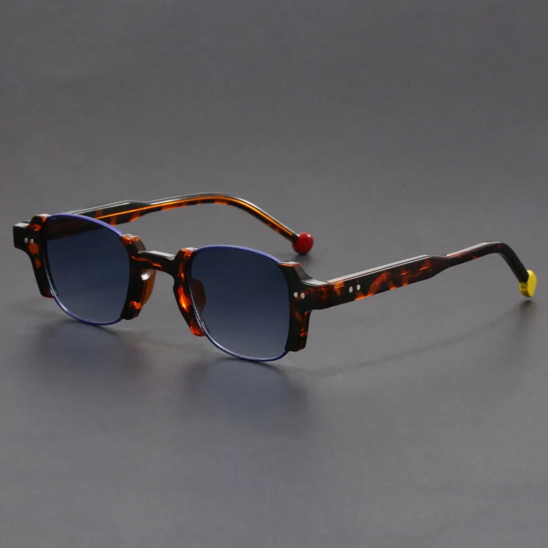 Fashionable unisex eyewear: rectangular half-rim sunglasses with dark gradient lenses.