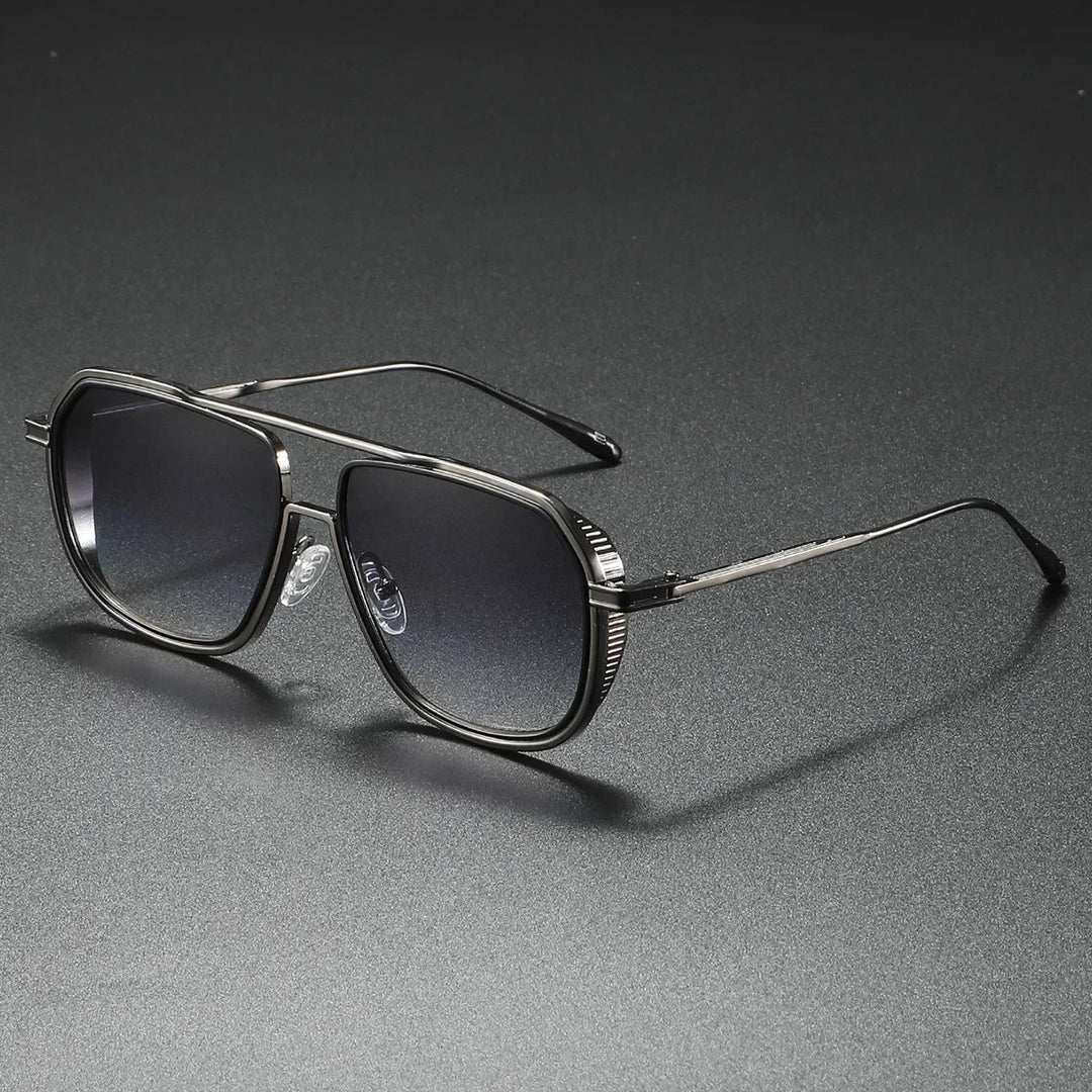 Front view of unisex rectangular metal frame sunglasses featuring reflective lenses and UV400 protection