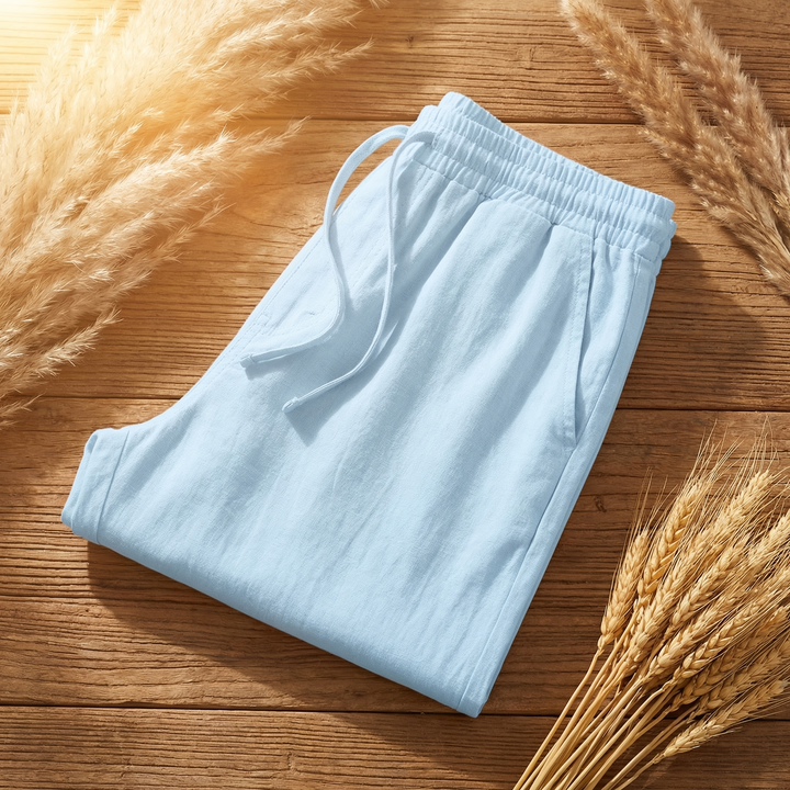 Casual summer style unisex pants. Relaxed fit, drawstring waist for comfort wear. Versatile everyday fashion.