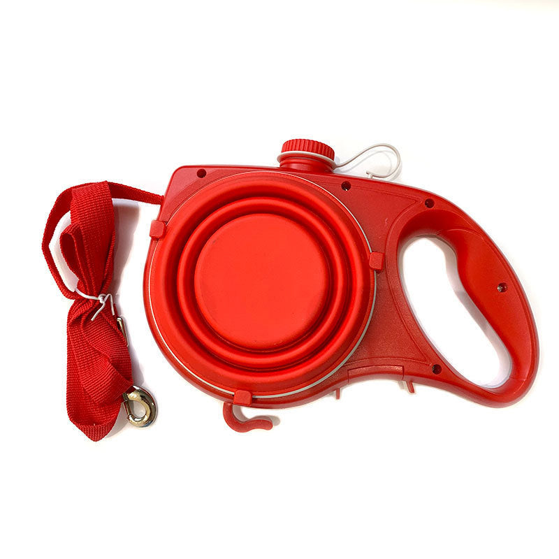 Close-up of the leash's integrated dog bowl, convenient for pet travel hydration