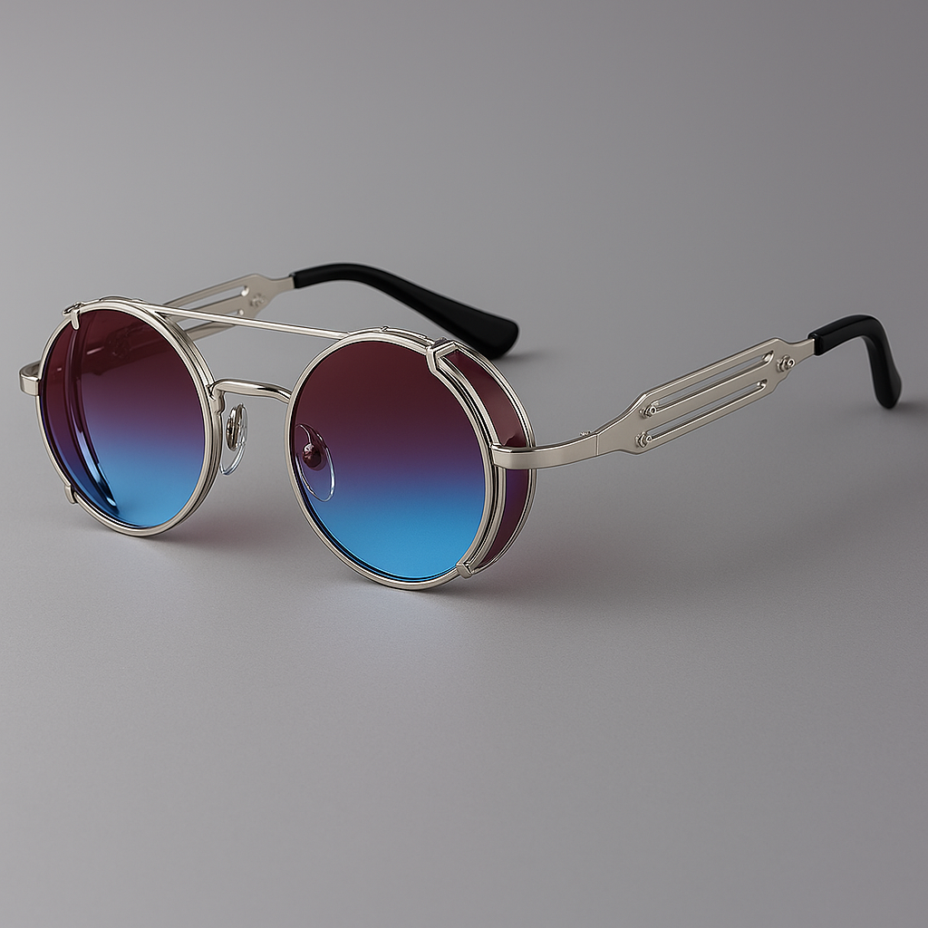 Fashion accessory: Unisex retro-modern shielded sunglasses with gradient lenses and a sleek metal frame.