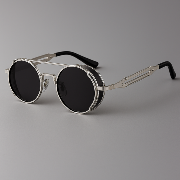 Dynamic shot of unisex retro-modern sunglasses, highlighting their unique shield design and gradient lenses.