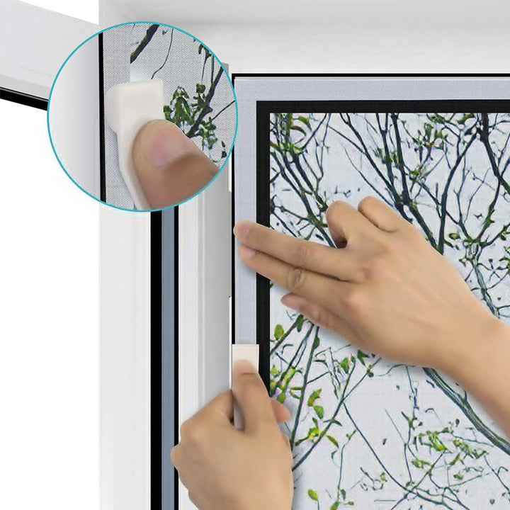 Packaging for a unisex anti-mosquito self-adhesive window screen, highlighting pest control features