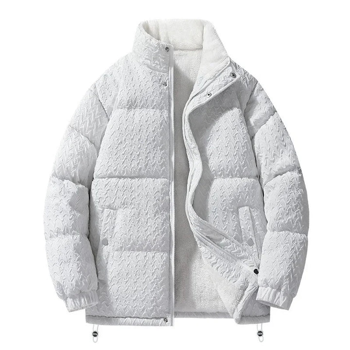 Detail shot of the zipper and high collar on a warm Unisex Sherpa Puffer Jacket