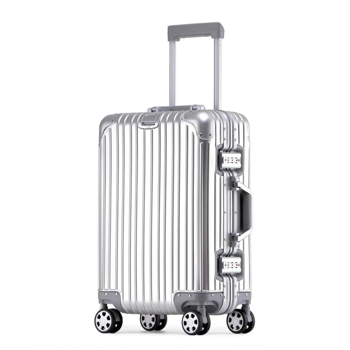 High-performance aluminum travel gear: hard shell luggage with silent spinner wheels and a secure TSA lock.