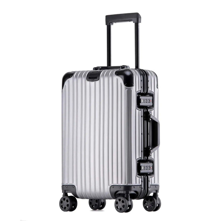 Premium unisex aluminum luggage for long trips, offering extreme durability and easy maneuverability.