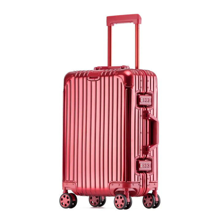 Compact aluminum hard shell carry-on bag, ideal for short trips with its secure lock and smooth wheels.