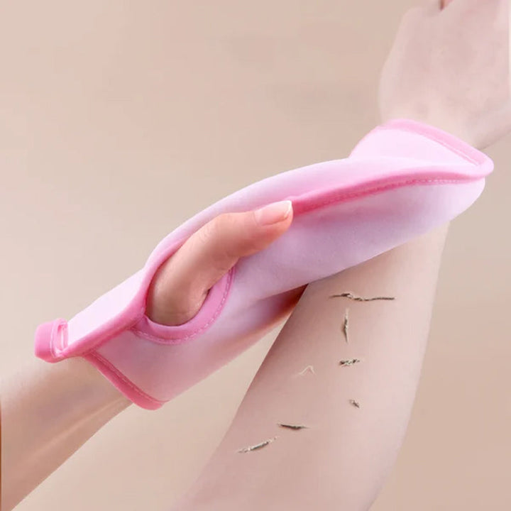 Unisex PVA exfoliating mitt for the body, shown in a clean bathroom setting