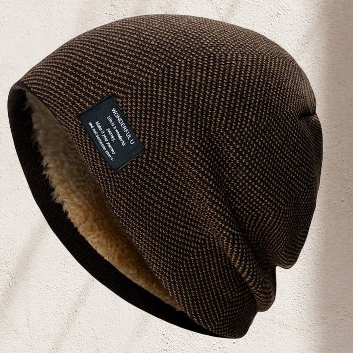 Unisex thermal knit beanie hat in a bright yellow, adding a pop of color to winter outdoor gear.