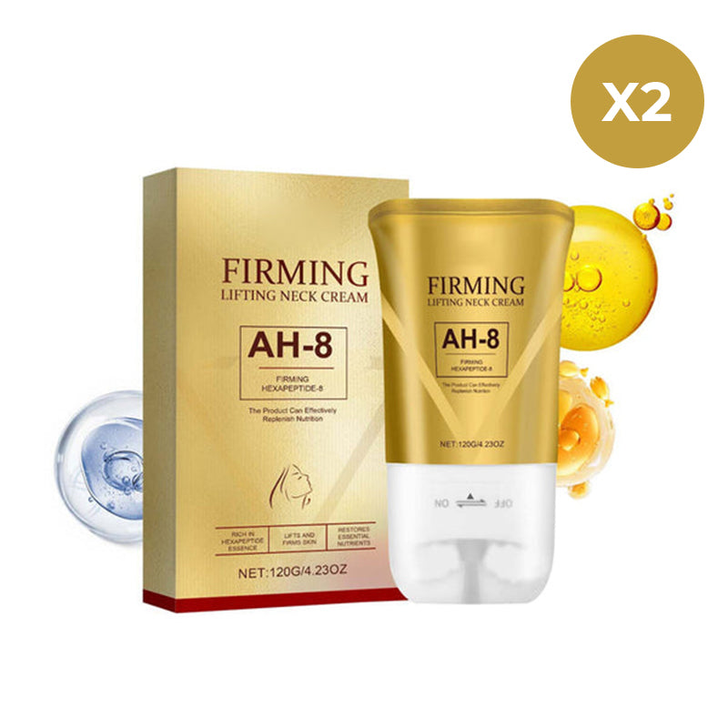 Unisex neck cream displayed with natural elements like flowers, emphasizing gentle yet effective anti-aging