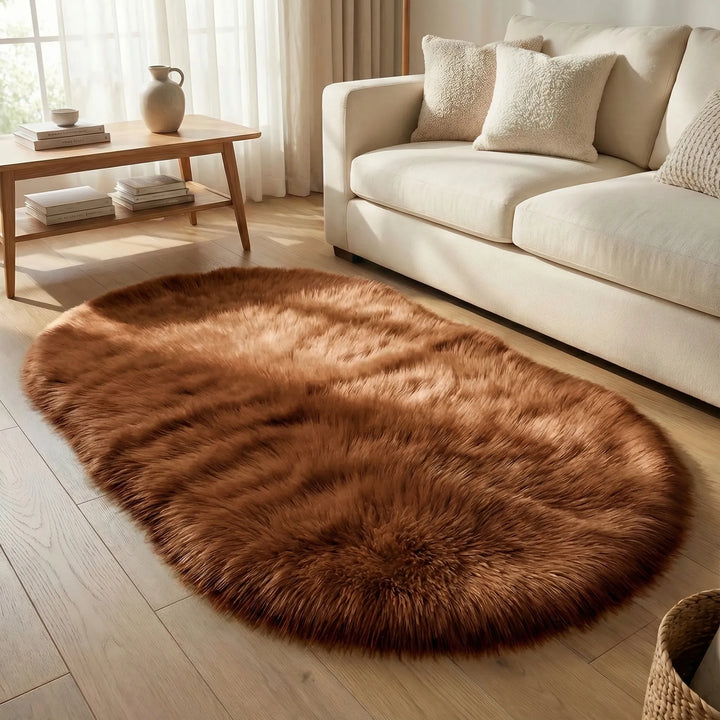 Oval plush area rug with subtle wave pattern, ultra-soft faux fur for cozy living room decor.