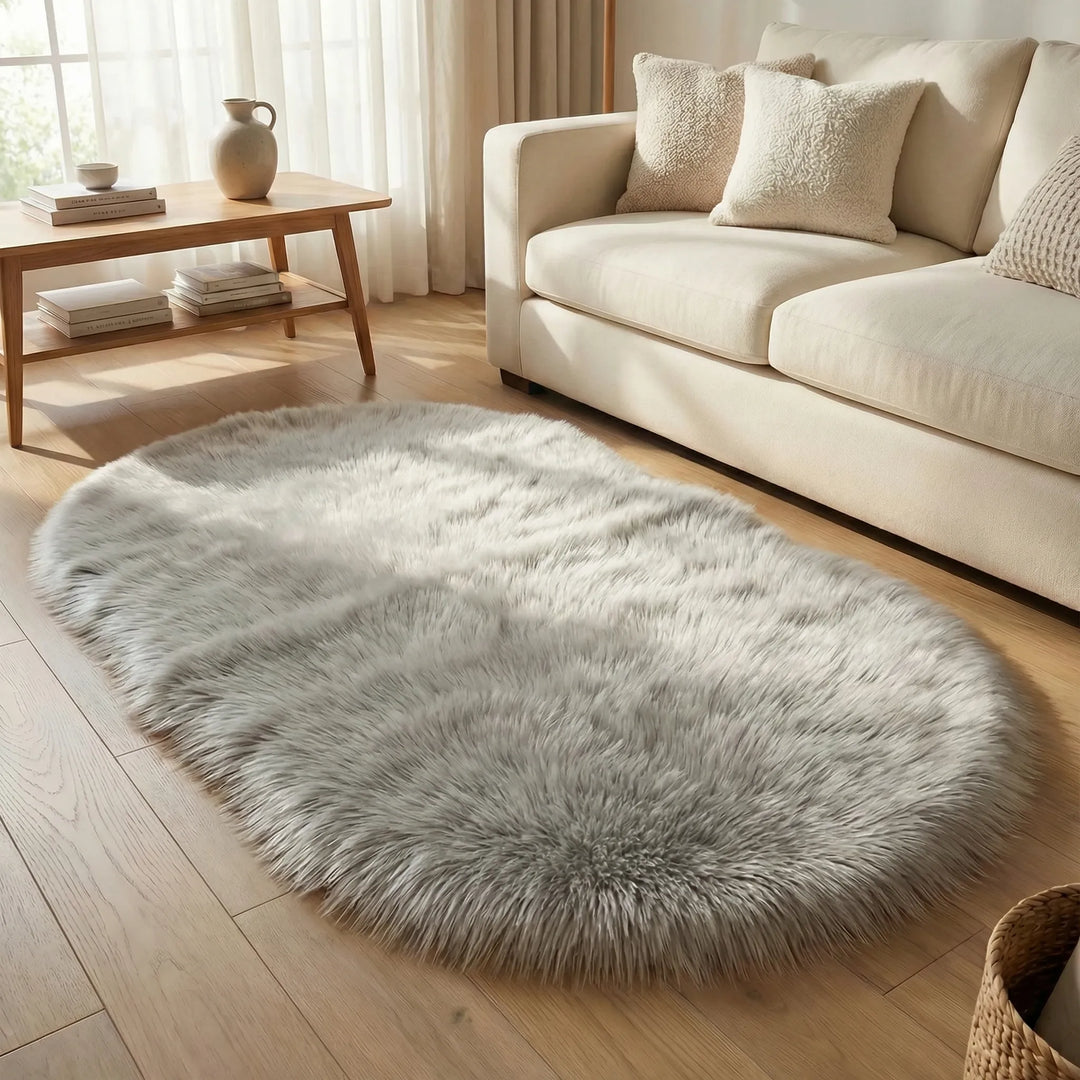 Invitingly soft oval plush faux fur area rug, perfect for cozy living and modern comfort.