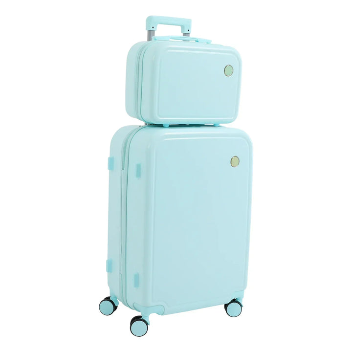 Chic pink hard shell cosmetic case & green carry-on from the Vienna Duo luggage set. Durable & practical.