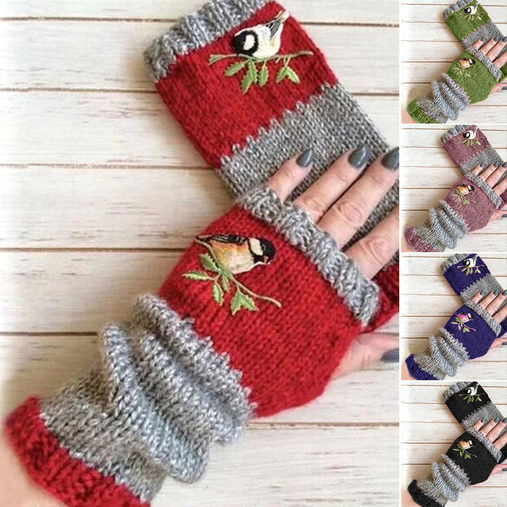 Model wearing warm embroidered patchwork half-finger gloves, perfect for winter warmth