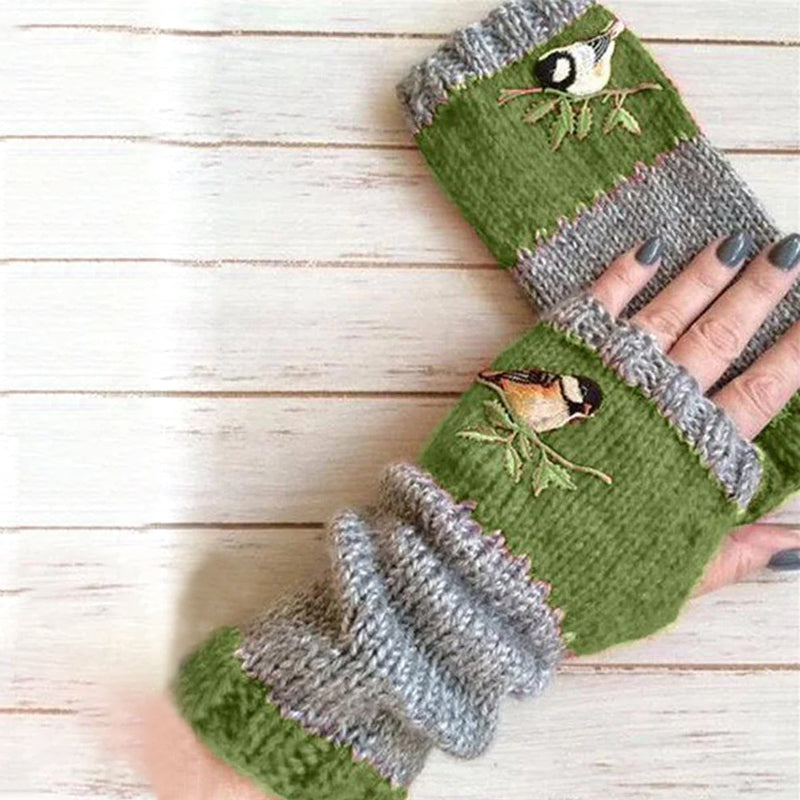 Stack of multiple colored warm patchwork embroidered gloves, unisex winter essentials