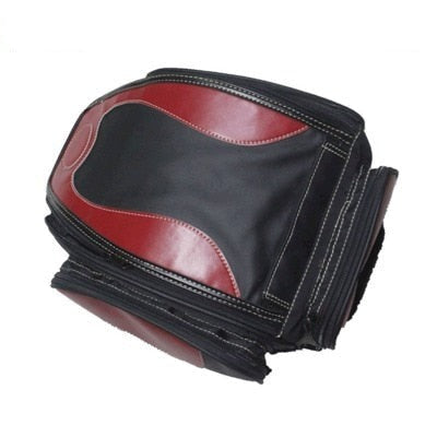 Expandable PU leather motorcycle tail bag, water-resistant for riding gear, luggage, & accessories.
