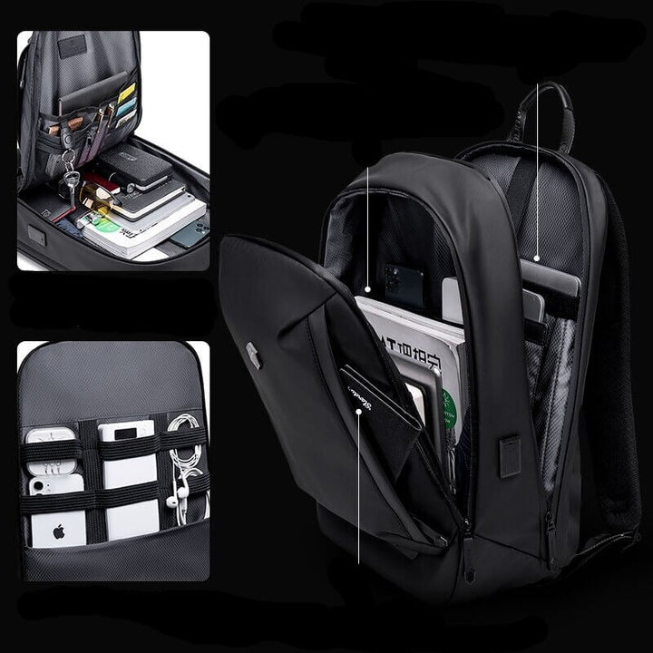 Sleek water-resistant travel daypack with smart compartments, perfect for commuters & weekend trips.