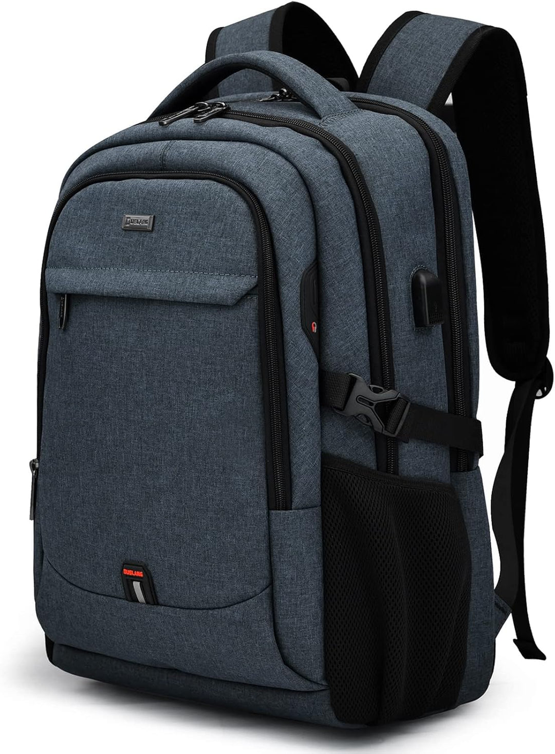 Practical student travel backpack, water-resistant, with an integrated USB charger.