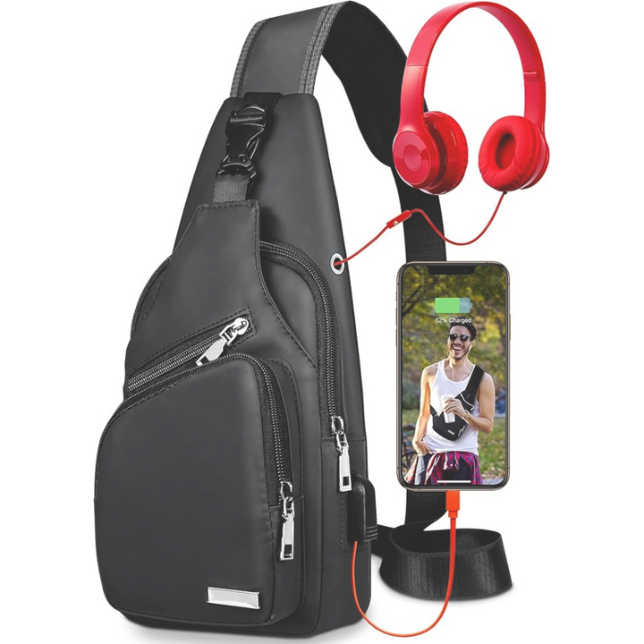 Black waterproof sling bag with ample main compartment, ideal for travel essentials & daily use.