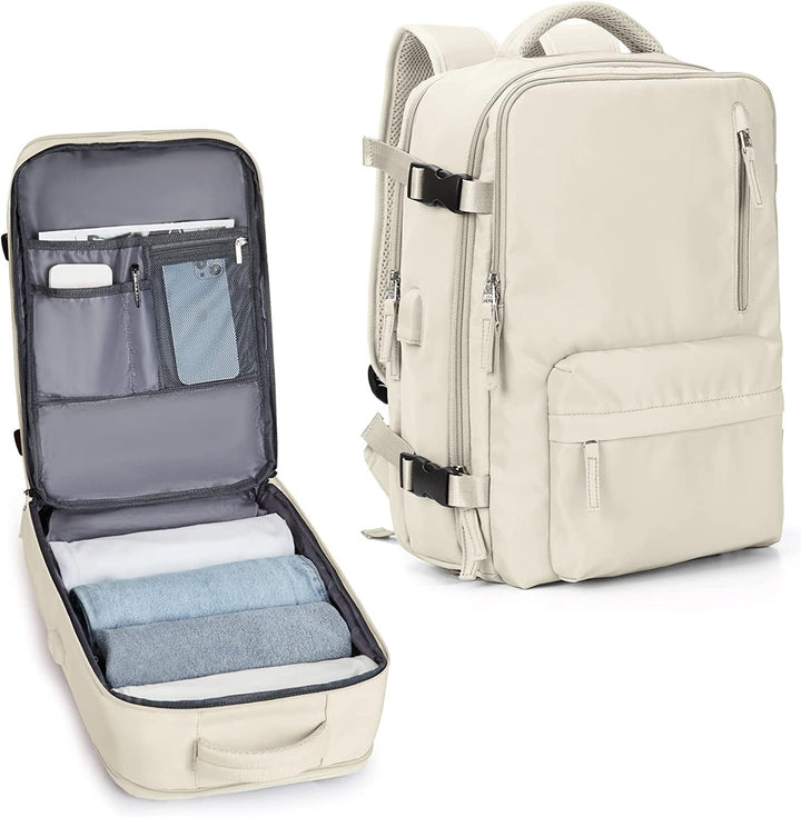 Unisex waterproof travel backpack with dedicated shoe compartment, external USB charging port, & 14" laptop sleeve.