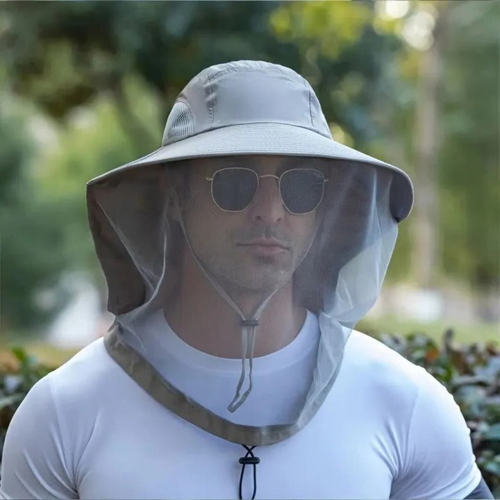 Hiking & fishing wide brim sun hat with neck flap & face cover; offers ultimate UV protection.