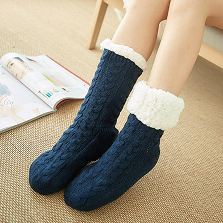 Deep blue unisex slipper socks, fleece-lined, anti-slip bottom, keeping feet warm & secure.